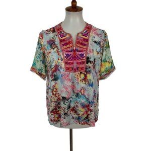 Caleoaa Womens Top Medium Embroidered Short Sleeve Boho Festival Ethnic